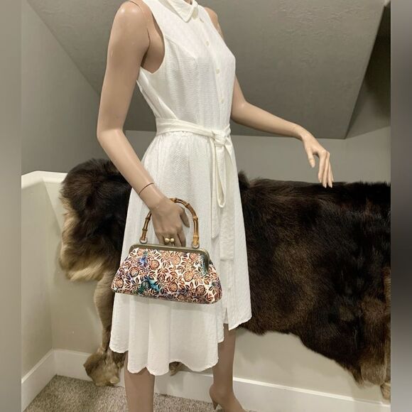 Handmade Genuine Leather Floral Embossed Real bamboo Handle Satchel/Crossbody - Picture 6 of 16